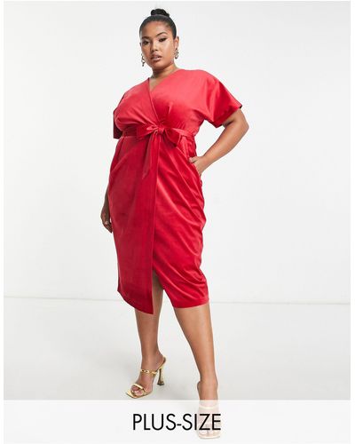 Closet London Plus Kimono Sleeve Velvet Midi Dress With Wrap Tie - Red