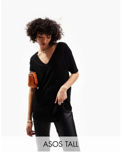 ASOS Asos design tall - t-shirt oversize con scollo a v a costine nera - Nero