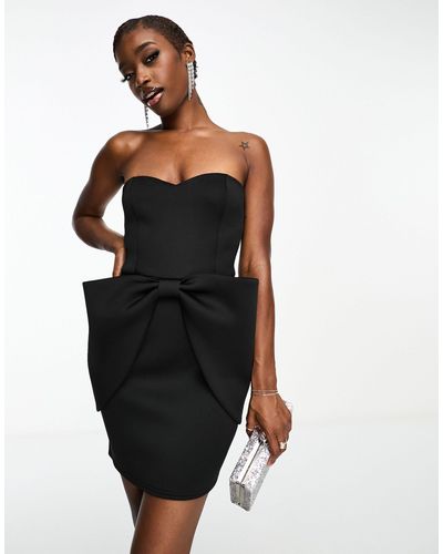 Fashionkilla Vestido corto con lazo extragrande y escote palabra - Negro