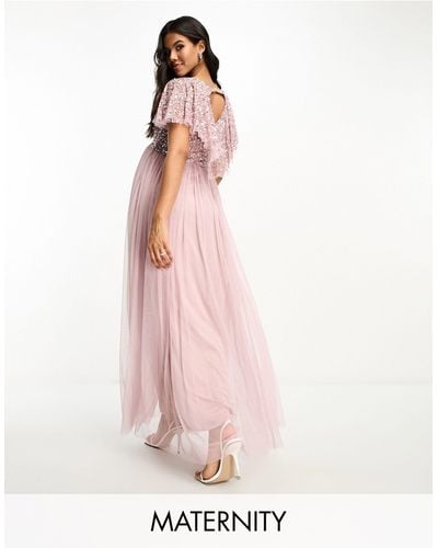 Beauut Maternity Bridesmaid Embellished Maxi Dress With Flutter Detail - Pink