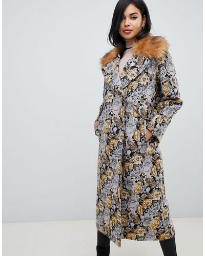 ASOS Tapestry Coat With Faux Fur Collar - Multicolour