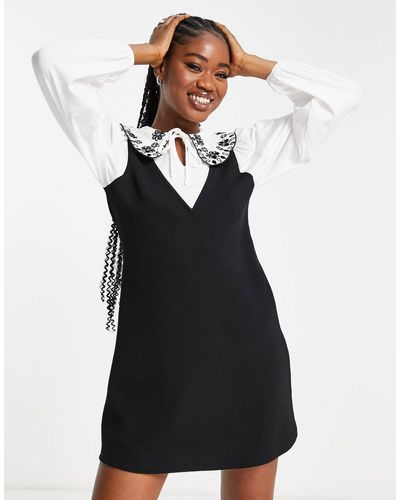 Miss Selfridge 2-in-1 Embroidered Collar Dress - Black