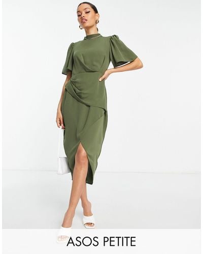 ASOS Asos Design Petite Short Sleeve High Neck Drape Wrap Front Mini Dress - Green