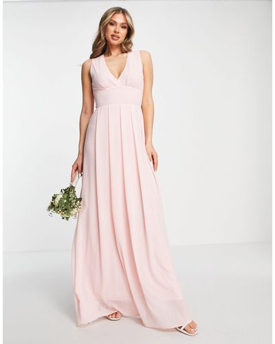 TFNC London Bridesmaid Chiffon V Front Maxi Dress With Pleated Skirt - Pink