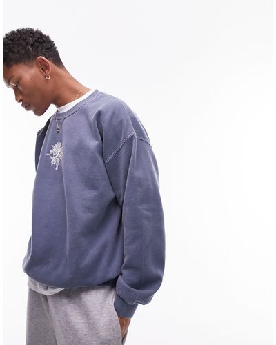 TOPMAN Oversized Sweat With Cupid Embroidery - Blue