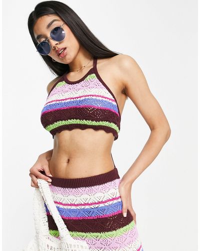 Monki Top dos nu d'ensemble à rayures en maille crochet - Multicolore