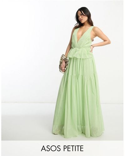 ASOS Asos Design Petite Plunge Pleated Tiered Maxi Dress - Green