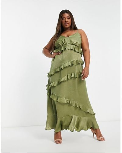 Flounce London Satin All Over Ruffle Cami Maxi Dress - Green