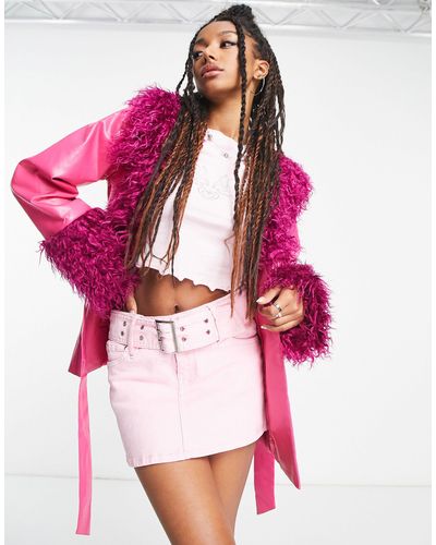 Daisy Street Y2k Pu Jacket With Faux Fur Cuffs And Collar - Pink