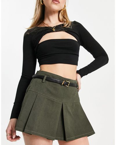 Urban Revivo Pleated Mini Skirt With Belt - Green