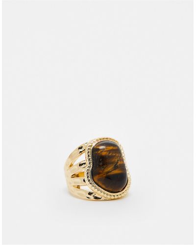 ASOS Asos Design Curve Ring With Real Semi Precious Tiger's Eye Stone With Molten Design - White