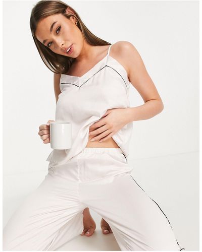 Loungeable Top de pijama color de tirantes con ribete negro de satén mix & match de -blanco - Neutro