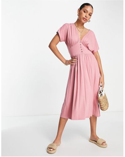 ASOS Waisted Midi Tea Dress With Buttons - Pink