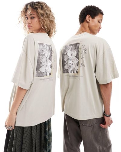 Collusion Unisex - t-shirt grigia con stampa fotografica di fiori - Neutro
