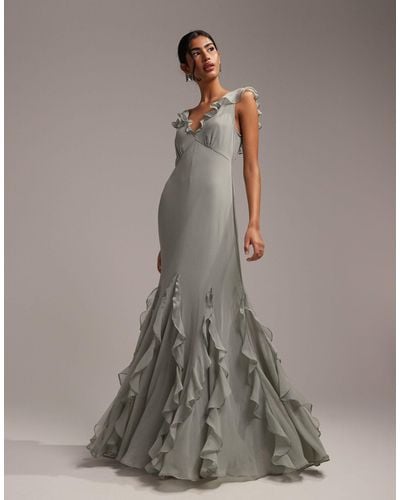 ASOS Bridesmaids Flutter Sleeve Bias Maxi Dress With Godet Frill Hem - Gray