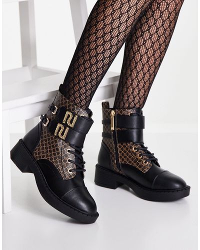 River Island Monogrammed Double Strap Hardware Boot - Black