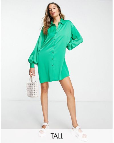 New Look Oversized Satin Shirt Dress - Green