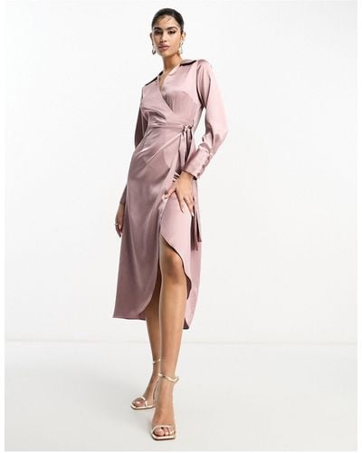 ASOS Satin Belted Wrap Collared Midi Dress - Pink