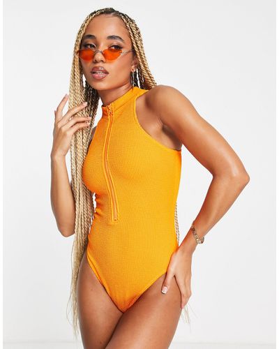 Rhythm Costume da bagno acceso stropicciato con zip sul davanti - Arancione