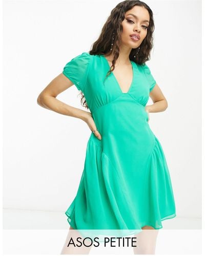 ASOS Asos Design Petite Short Sleeve V-neck Chiffon Mini Dress - Green