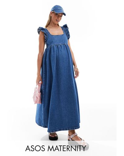 ASOS Asos Design Maternity Soft Denim Smock Maxi Dress With Bow Back - Blue