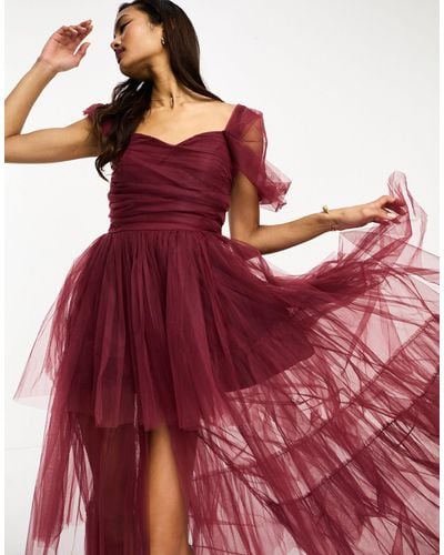 LACE & BEADS High Low Tulle Maxi Dress - Red
