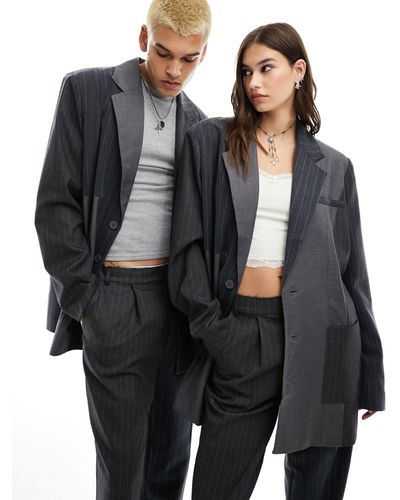 Reclaimed (vintage) Limited Edition Unisex Block Gray Pinstripe Suit Jacket (part Of A Set) - Black