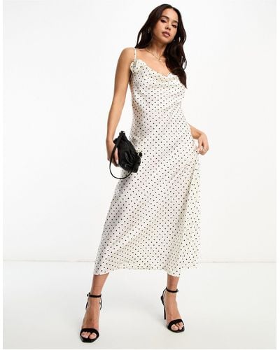 New Look Polka Dot Satin Midi Slip Dress With Corsage - White