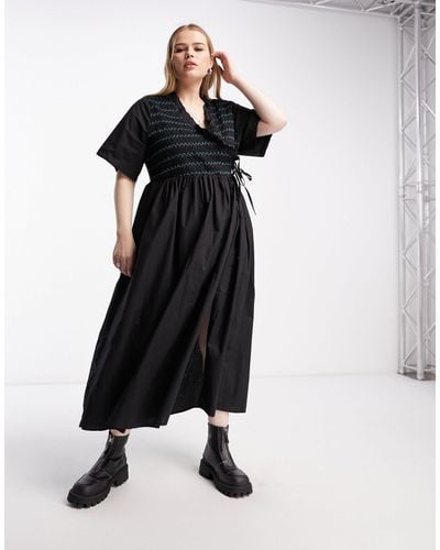 ASOS Asos Design Curve Cotton Shirred Wrap Midi Smock Dress - Black