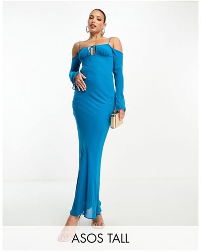 ASOS Asos Design Tall Cold Shoulder Long Sleeve Tie Front Bias Maxi Dress - Blue