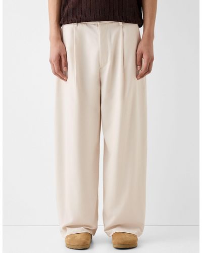 Bershka Collection Wide Tailored Trouser - Natural