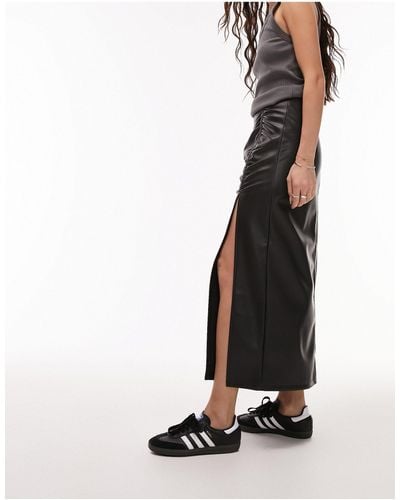 TOPSHOP Leather Look Ruched Side Midi Skirt - White