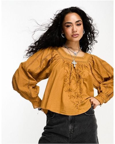 Free People Faraway Fields Embroidered Smock Top - Brown
