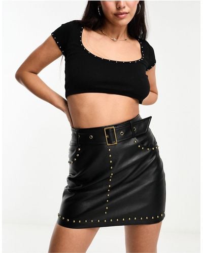 Miss Selfridge Faux Leather Studded Detail Mini Skirt - Black