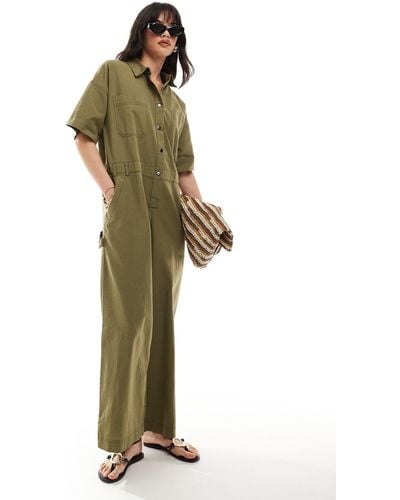 ASOS Linen Look Boilersuit With Contrast Stitch - Green