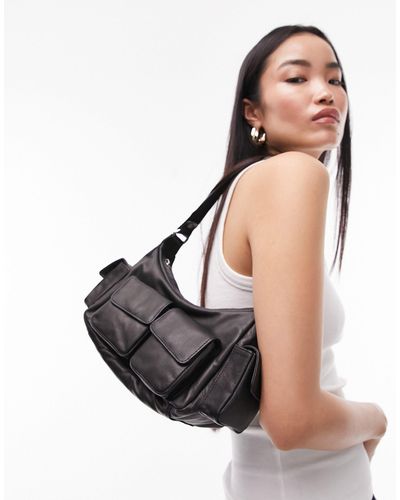 TOPSHOP Lucia Leather Multi Pocket Shoulder Bag - Black