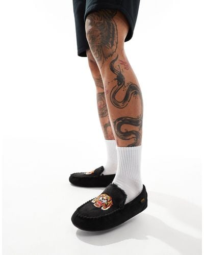 Ed Hardy Moccasin Slippers With Embroidered Tiger Face - White