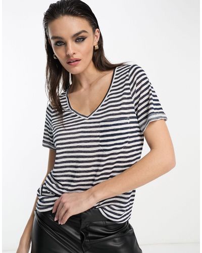 Object T-shirt col v à rayures - bleu marine et blanc - Multicolore