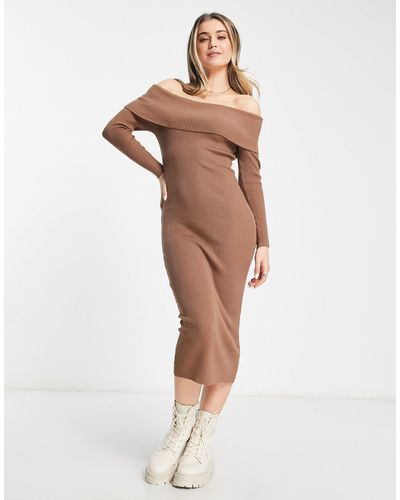 New Look Knitted Bardot Midi Dress - Natural