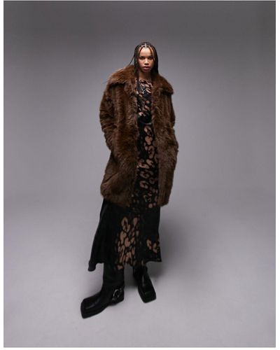 TOPSHOP Oversized Faux Fur Coat - Brown