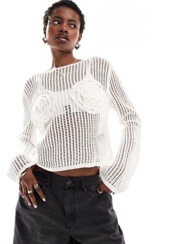 Monki Long Sleeve Crochet Top With Rose Detail - White
