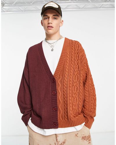 Collusion Mixed Cable Knitted Cardigan - Red