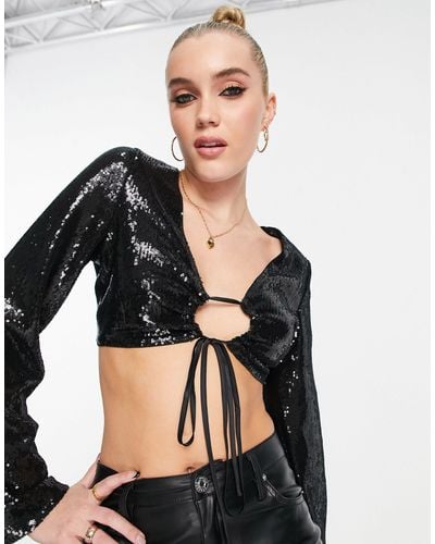 Pull&Bear Keyhole Front Super Cropped Sequin Top - Black