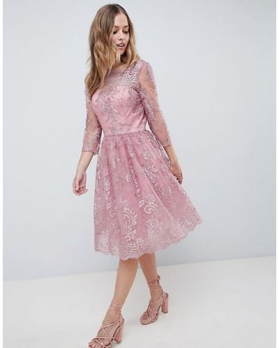 Chi Chi London Premium Embroidered Long Sleeve Midi Dress - Pink