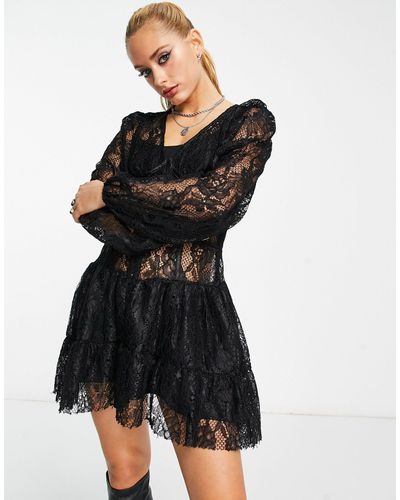 Reclaimed (vintage) Inspired Long Sleeve Tie Front Lace Mini Dress - Black