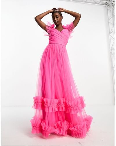 LACE & BEADS Lace And Beads Tulle Maxi Dress With Frill Detail - Pink