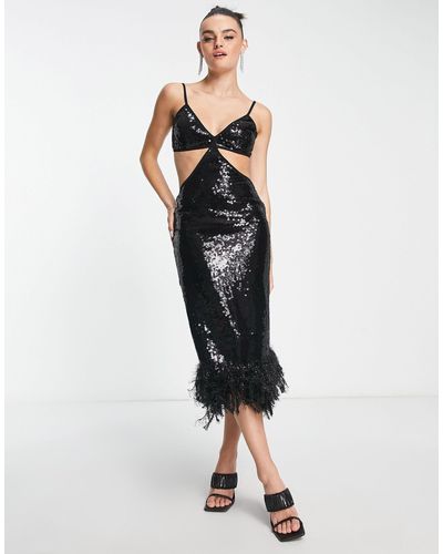 ASOS Strappy Sequin Maxi Dress With Faux Feather Hem Detail - Black