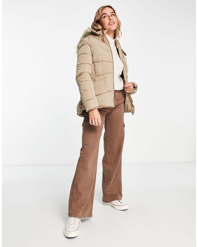 New Look Waisted Puffer Coat With Faux Fur Hood - Natural