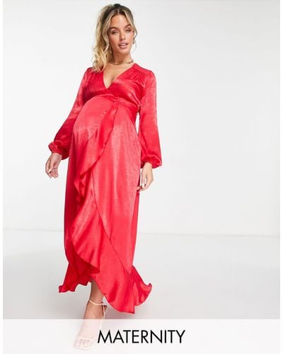 Flounce London Satin Long Sleeve Wrap Maxi Dress - Red