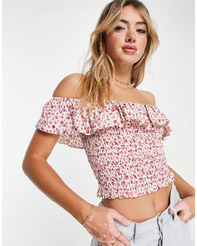 New Look Bardot Shirred Off Shoulder Top - Pink